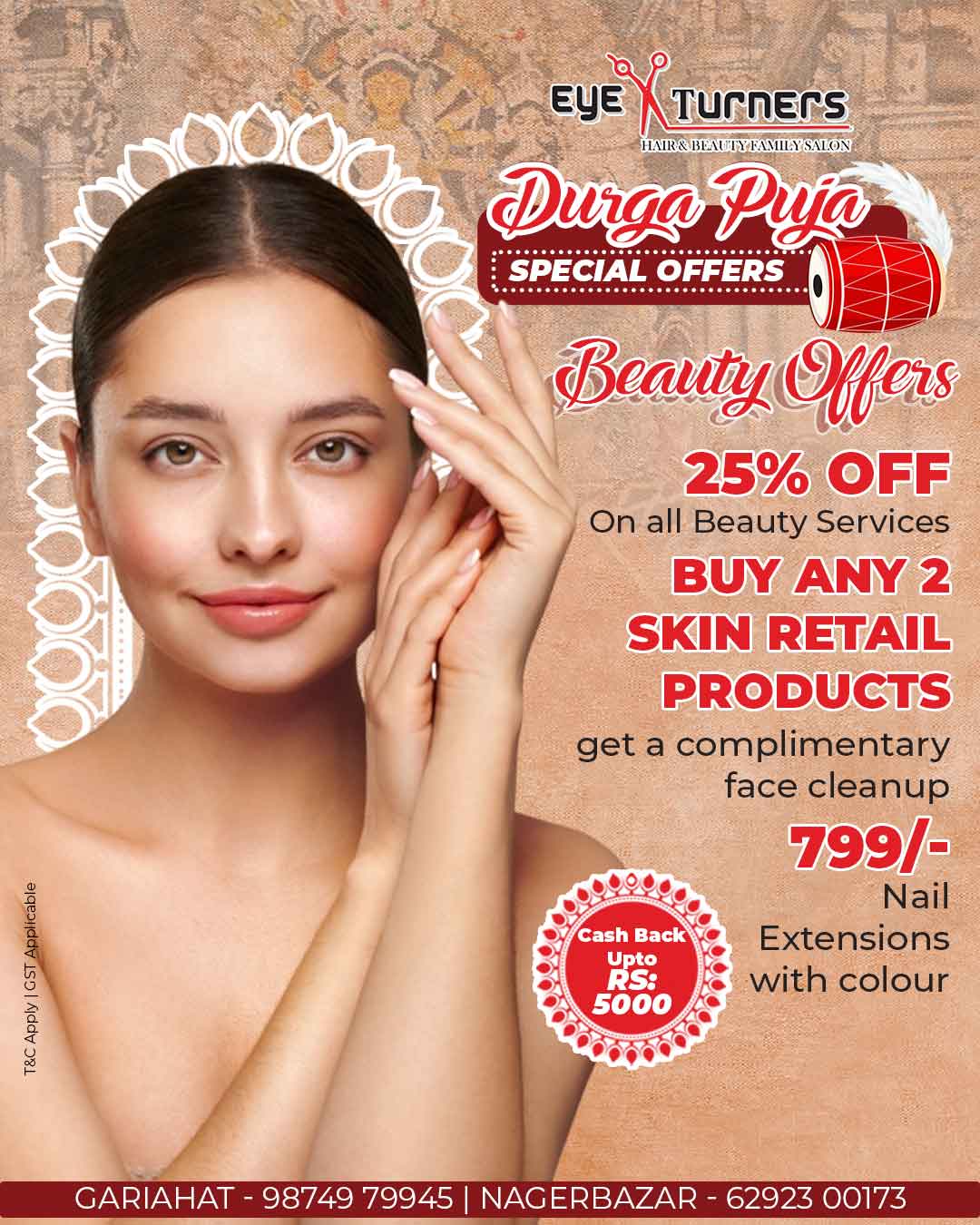 Best salon in Kolkata Pujo beauty offers at Eye Turners Salon with 25 percent off beauty services, complimentary cleanup and nail extensions